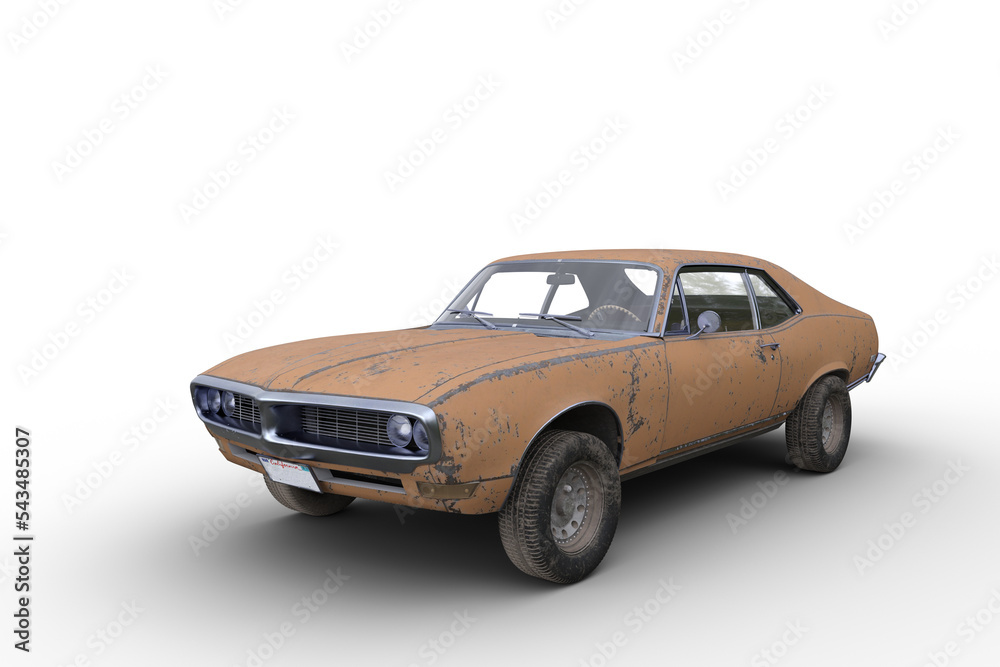 Poster 3d rendering of an old retro american muscle car with rusty yellow body isolated on transparent back