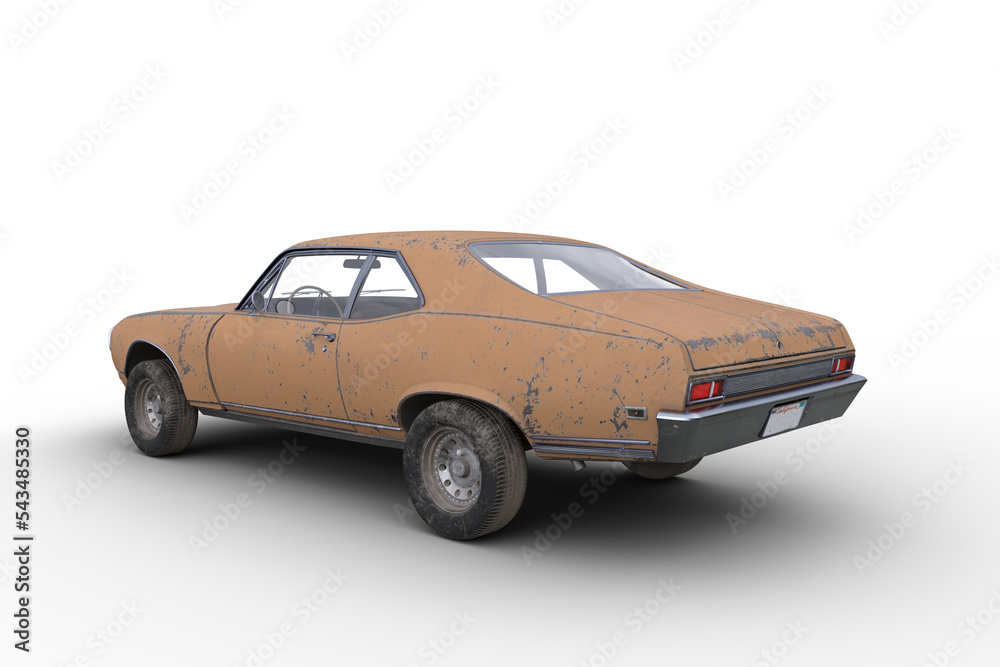 Poster rear view 3d rendering of an old retro american muscle car with rusty yellow body isolated on transp