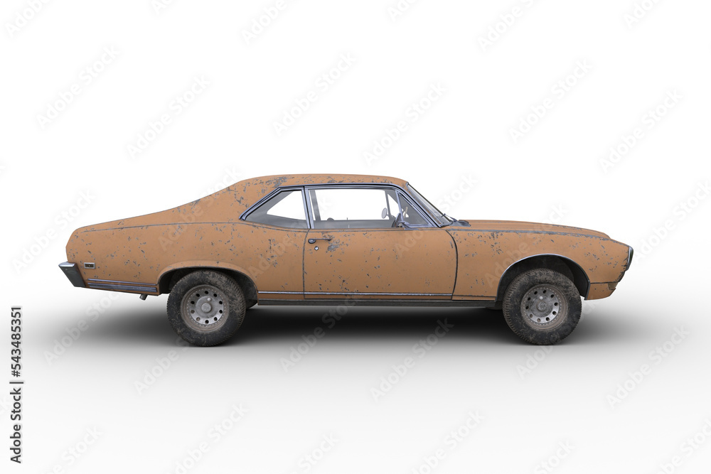 Poster side view 3d rendering of an old retro american muscle car with rusty yellow body isolated on transp