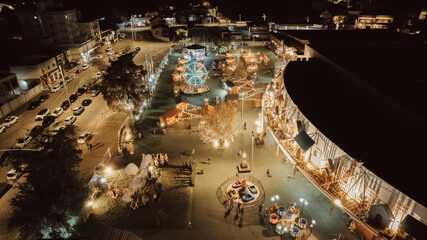 aerial image of Vila Germânica Park at night, Blumenau city, Santa Catarina, southern Brazil, oktoberfest, easterfest, decoration, lights