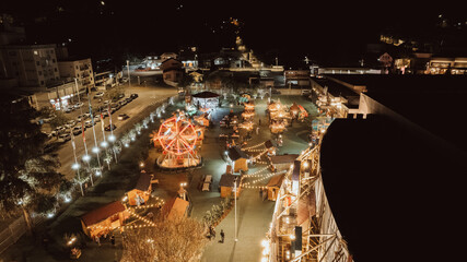 aerial image of Vila Germânica Park at night, Blumenau city, Santa Catarina, southern Brazil,...