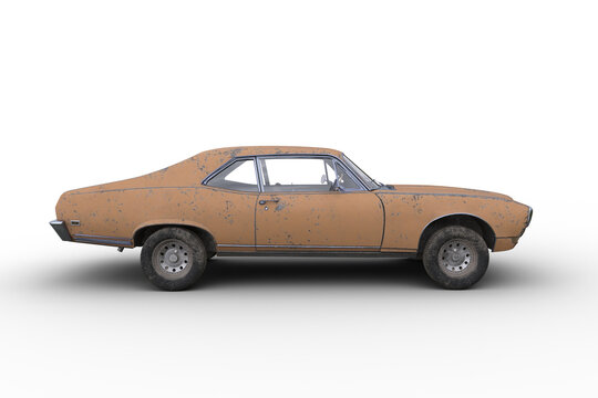 Side view 3D rendering of an old retro American muscle car with rusty yellow body isolated on transparent background.