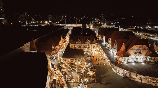 aerial image of Vila Germ&acirc;nica Park at night, Blumenau city, Santa Catarina, southern Brazil, oktoberfest, easterfest, decoration, lights