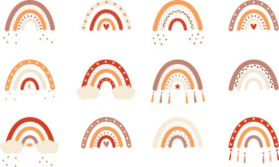 Set of boho rainbow with hearts and stars in flat style - beige and orange colors