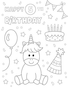 5 year old birthday coloring page. black and white design with a cute unicorn and more shapes to color. you can print it on standard 8.5x11 inch paper