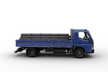 Side view 3D illustration of a blue flat bed truck loaded with pipes isolated on transparent background