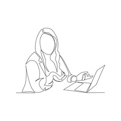Vector illustration of a woman working on a laptop drawn in line-art style