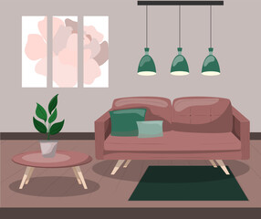 Living room with sofa. Modern interior design with a brown sofa and pillows. Cartoon vector illustration. 