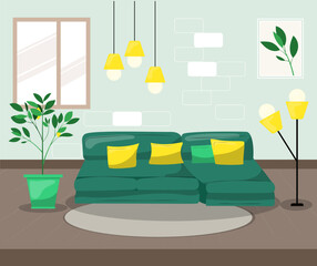 Living room with sofa. Modern interior design with a green sofa and pillows. Cartoon vector illustration.