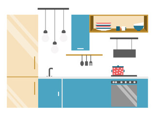
Kitchen constructor in flat style with furniture and kitchen supplies. Home design. Flat vector illustration. Cartoon illustration.