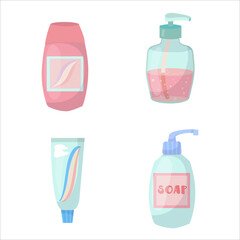 Set Liquid soap in a bottle. Detergent for hands and body. Antiseptic. Means for self-care. Vector graphics on a white background.