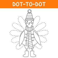Connect the dots and draw cute pilgrim turkey. Bird animal character in a hat, a scarf and ugg. Printable worksheet. Educational game for kids.