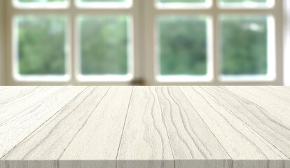 木製のテーブルとボケた日が差し込むリビングの風景の3Dイラストレーション