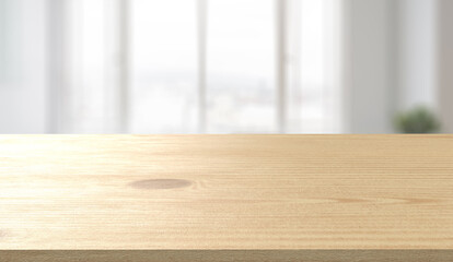 木製のテーブルとボケた日が差し込むリビングの風景の3Dイラストレーション