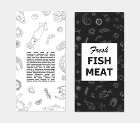 Fresh fish meat. Vertical flyers with seafood. Design for restaurants, menus, promos, invitations and more. Flat vector illustration.