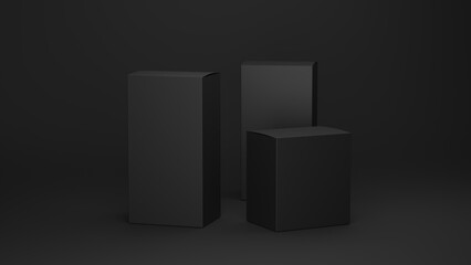 Step blank cardboard package boxes mockup. Medicament realistic black square cosmetic, medical or product box packaging , layout of boxes different positions for design or branding, 3d render