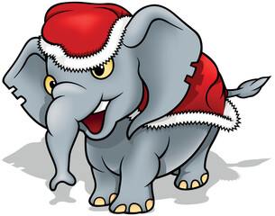 Cute Elephant in Santa Claus Costume - Colorful Christmas Illustration Isolated on White Background, Vector