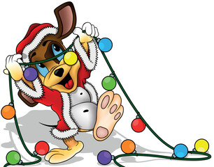 Cute Cheerful Doggy in Santa Claus Costume with Paws Up Holding Christmas Lights - Cartoon Christmas Illustration Isolated on White Background, Vector