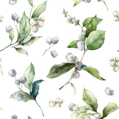 Watercolor Christmas seamless pattern of white berries, leaves and branches. Hand painted winter plant isolated on white background. Illustration for design, print, fabric or background.