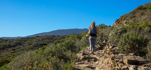 Woman tourist hiking in Countryside- Catalonia,  Spain
