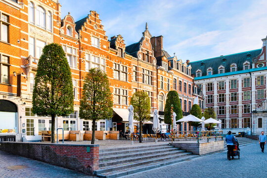 Beautiful buildings on the famous Oude Markt ( Old Market Square) in Leuven, Belgium