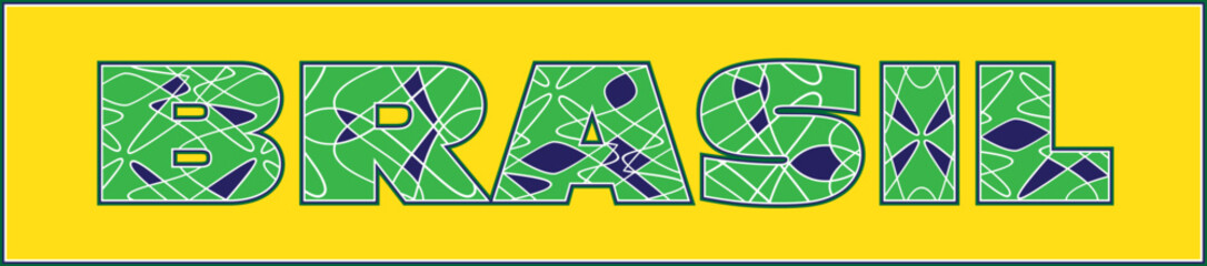 Letreiro com a palavra Brasil nas cores da bandeira brasileira enfeitadas com um mosaico abstrato.