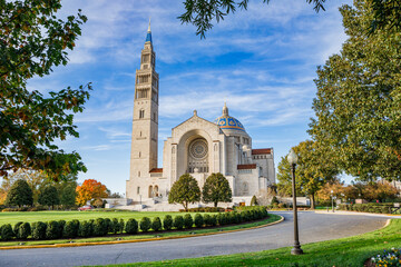 Beautiful autumn day at the Basilica of the National Shrine of the Immaculate Conception, a Catholic church in Washington, DC - 543492301