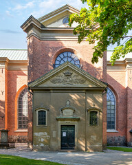 Entrance of Church of Saint Clare, Klara Church, Swedish: Klara kyrka, built in 1989, located on Klara Vastra Kyrkogata in the Klara area in lower Norrmalm, Stockholm, Sweden