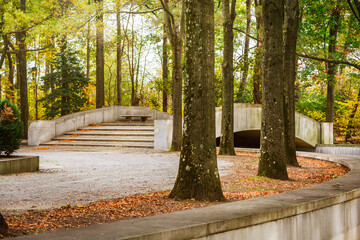 Stone steps and bridge in the forest trees in autumn leading to the hiking trails at Theodore Roosevelt Island in Washington, DC