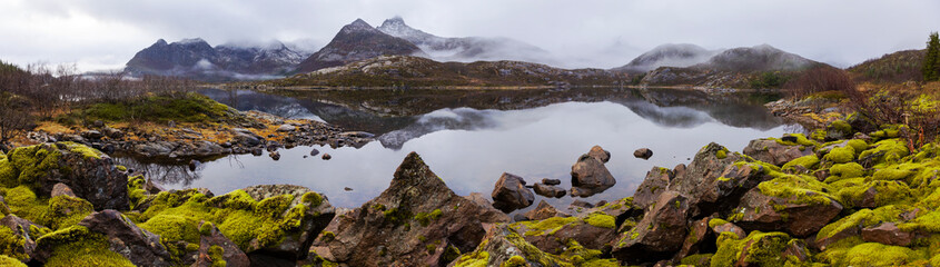 Panoramic view on sharp mountain peaks of Lofoten islands, Norway