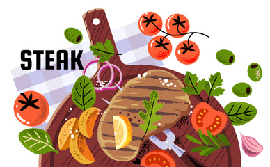 Meat steak on wooden tray. Top view with potatoes and tomato