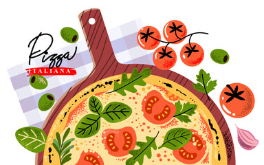 Pizza margherita with tomato, cheese, basil top view. Flat traditional italian