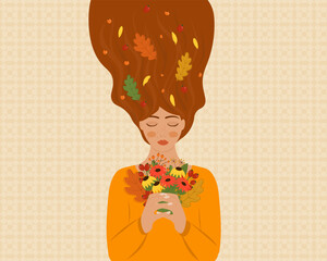 Vector illustration of a female with flowers and autumn elements in her hair. cute autumn illustration. Vector template for card, poster and other use.