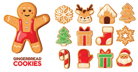Naklejka premium Set of cute gingerbread cookies for christmas.