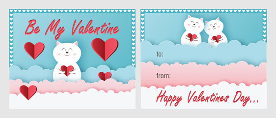 Modern design Happy Valentine's day, be my valentine with a cat. Valentine card, voucher, poster, cover flyer with white hearts frame. Pink blue white paper sky. Red paper hearts. Inscription from, to