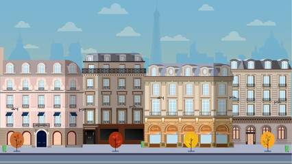 vector illustration day in paris. Classical architecture of the central streets of Paris. Typical facades of Parisian houses - obrazy, fototapety, plakaty
