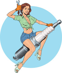 Pinup pretty woman sitting on a spark plug isolated, car repair service. Comic book style vector illustration