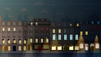 vector illustration in paris the night comes. The transition from evening to night on the street in Paris, lights are on, lights are on in the windows, a beam on the Eiffel Tower