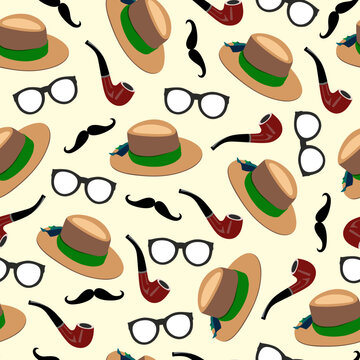 Men hat, smoking pipe, glasses, mustache seamless pattern. Light yellow background. Fabric, textile, print or wrapping paper. Gentleman accessories.