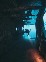 Vertical shot of scuba diver diving in the wreck, Gozo island, Malta