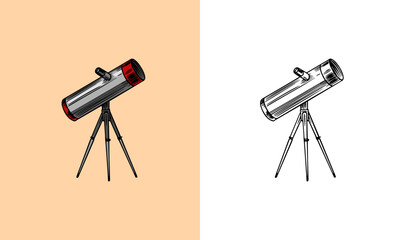 Astronomical telescope, vintage, engraved hand drawn in sketch or wood cut style, old looking retro scientific instrument for exploring and discovering Galileo Galilei