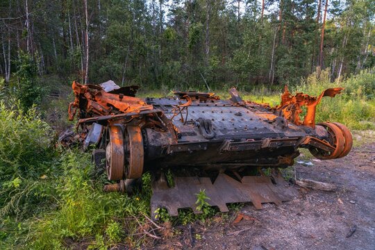 War in Ukraine, Remains of Destroyed and burned by Ukrainian army,  russian battle tank of the Russian invaders after counteroffensive 

