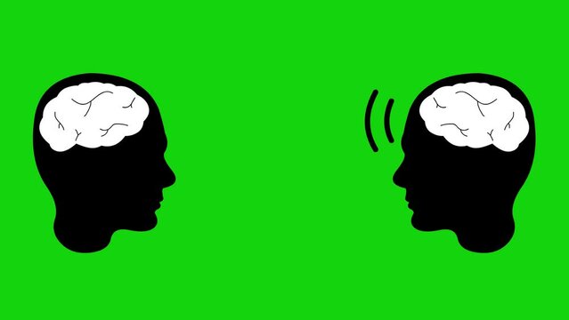 animation of the black silhouette of peoples heads and brain waves, in concept of telepathy. On a green chrome key background
