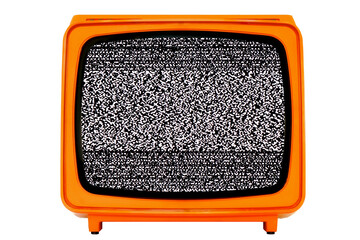 Retro old Space Age Orange TV with Static Noise Glitch Effect Screen - Isolated Background