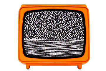 Retro old Space Age Orange TV with Static Noise Glitch Effect Screen - Isolated Background