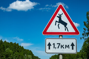 Road sign "Wild Animals", against the blue sky. Summer. Day.