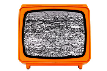 Retro old Space Age Orange TV with Static Noise Glitch Effect Screen - isolated background