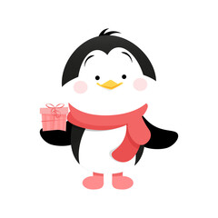 Cute penguin standing and holding 1 pink gift