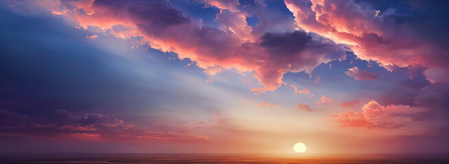 Mooie zonsonderganghemel met pastelroze en paarse kleuren, zonsondergang met wolken.