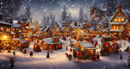 The winter christmas village is a beautiful sight. The snow is freshly fallen and the houses are decorated with lights and wreaths. The villagers are out and about, enjoying the festive atmosphere.